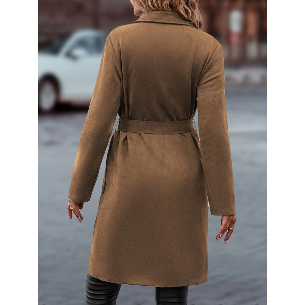 minimalist Lapel collar Open Front Belted pea coat peacoat - Picture 2 of 8